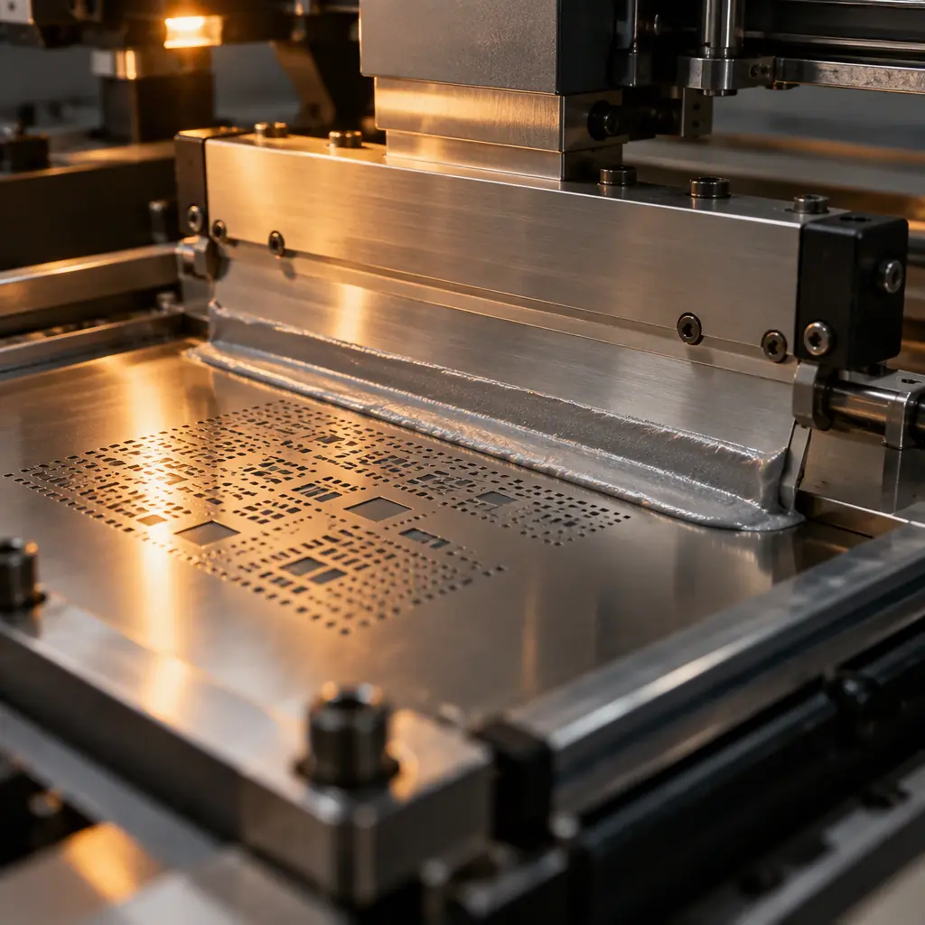 Squeegee pushing a smooth bead of silver solder paste across a stainless steel stencil clamped over a panel of circuit boards