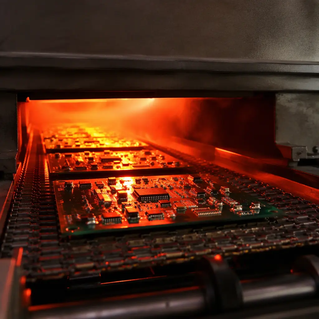 Freshly soldered circuit boards emerging from a reflow oven glowing warm red-orange with nitrogen haze in the tunnel mouth