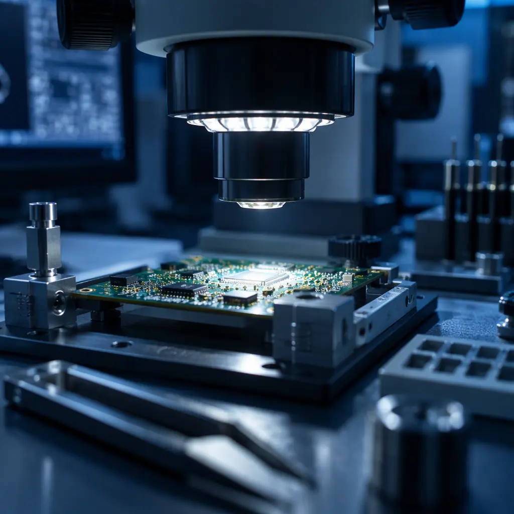 Microscope inspection station casting a bright pool of light on a single circuit board region with magnified solder joints