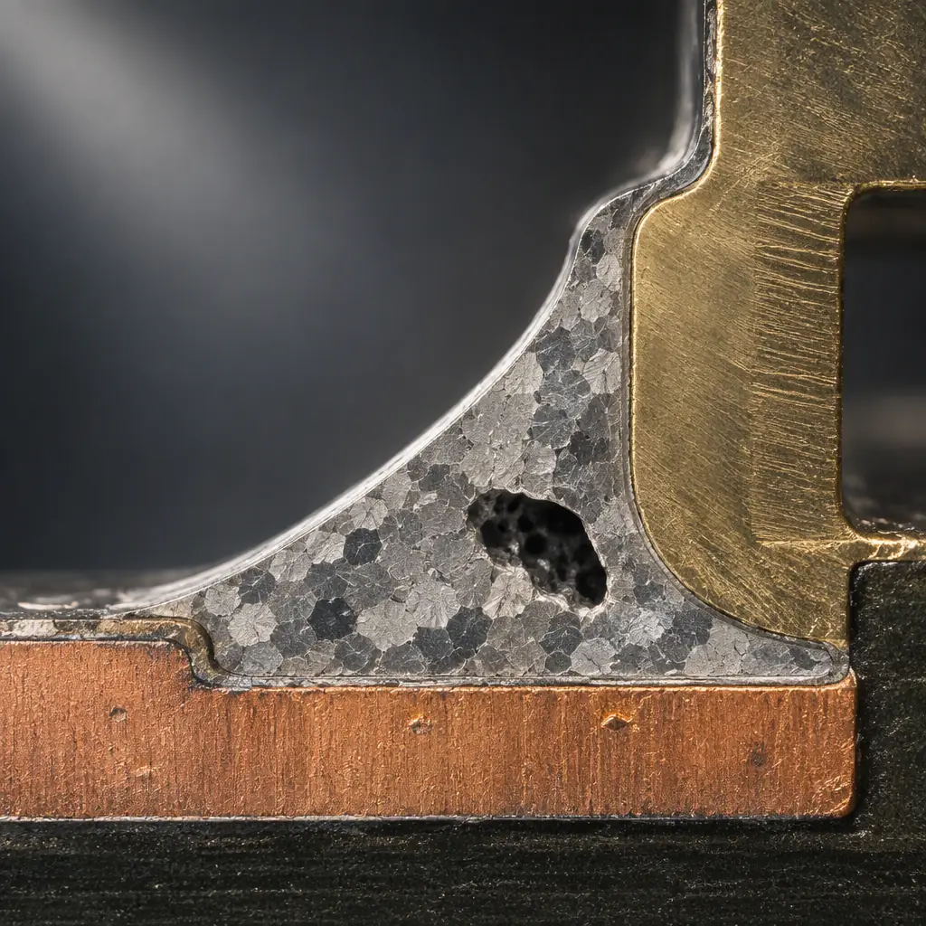 Polished metallographic cross-section of a solder joint showing a copper pad, silver solder fillet with an internal void cavity, and a component lead