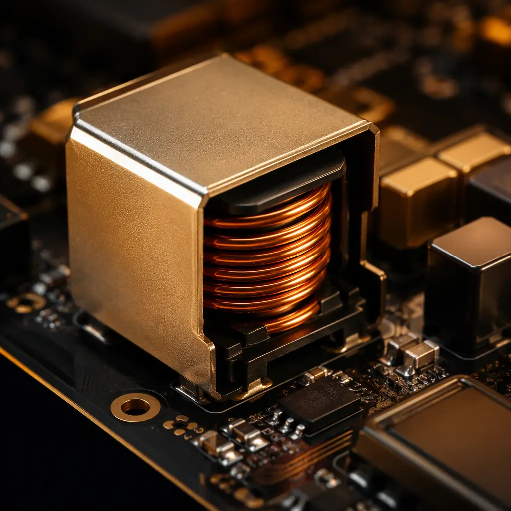 Macro photo of a power electronics PCB showing a shielded inductor with an EMI shield can partially open
