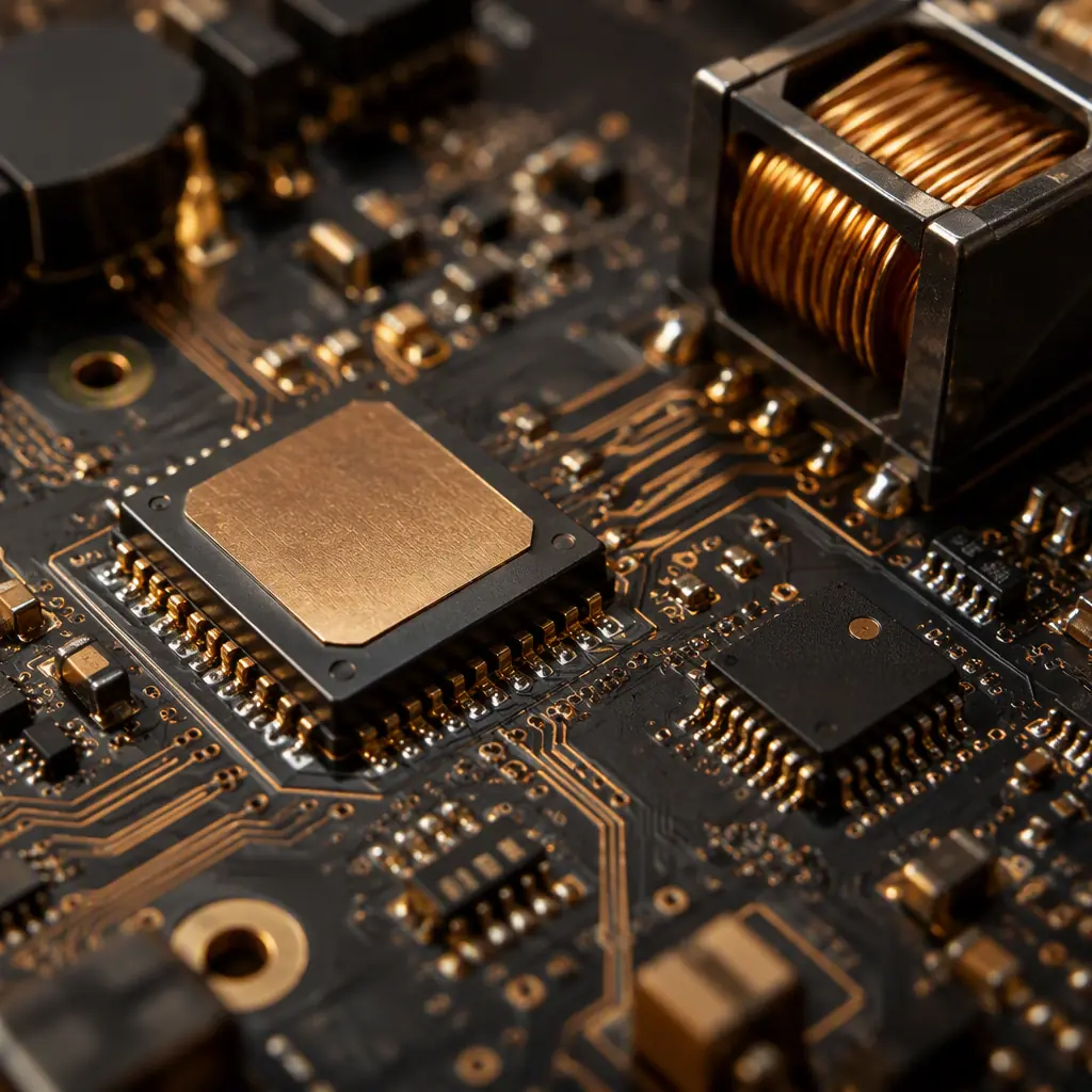 Macro photo of a GaN power supply PCB showing the half-bridge GaN IC, gate driver, transformer and golden copper traces