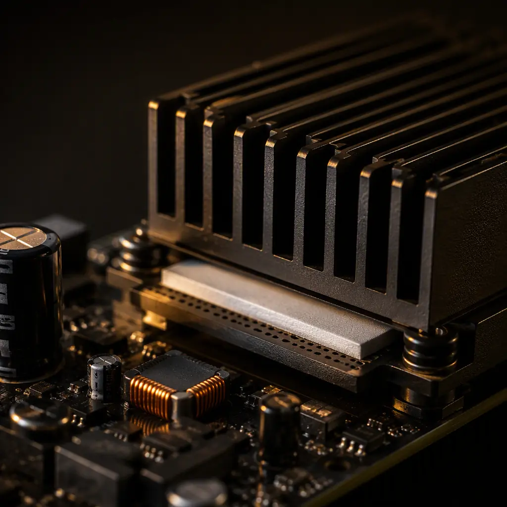 Macro photo of a power supply PCB with a black aluminum heatsink and thermal vias visible under the heat pad