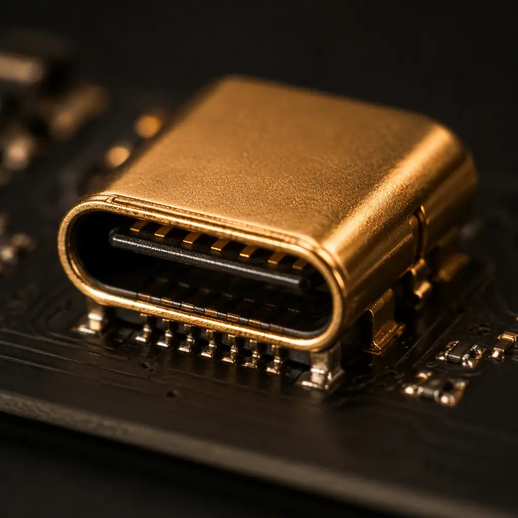 Extreme macro photo of a USB-C receptacle connector soldered onto a dark PCB with gold-plated pins