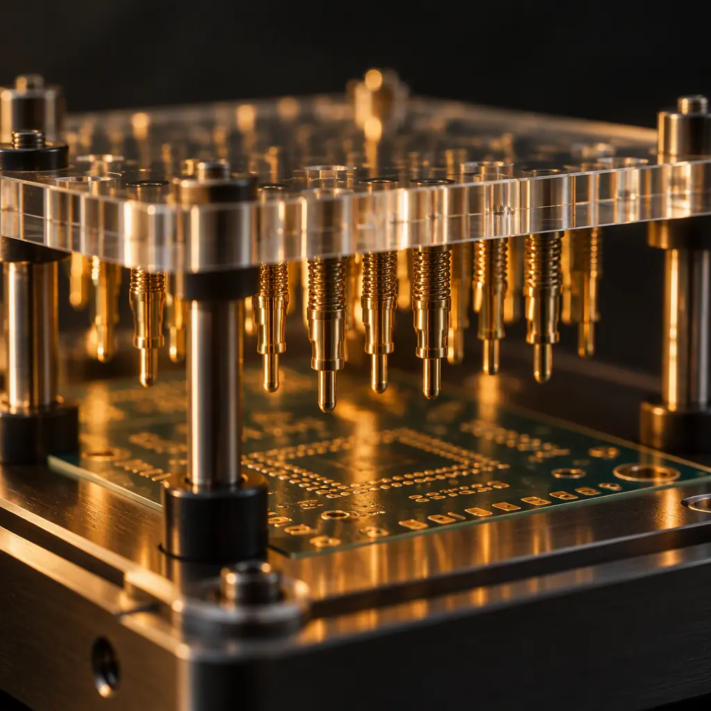Pogo pin test fixture bed with spring-loaded contact pins above a bare PCB outline