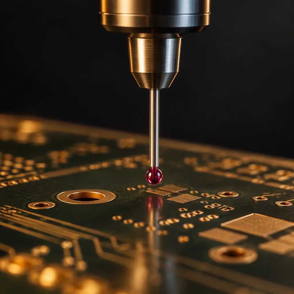 Coordinate measuring machine probe with ruby stylus measuring a bare PCB surface