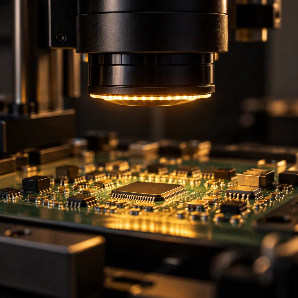 Optical inspection lens barrel illuminating solder joints on a PCB under measurement
