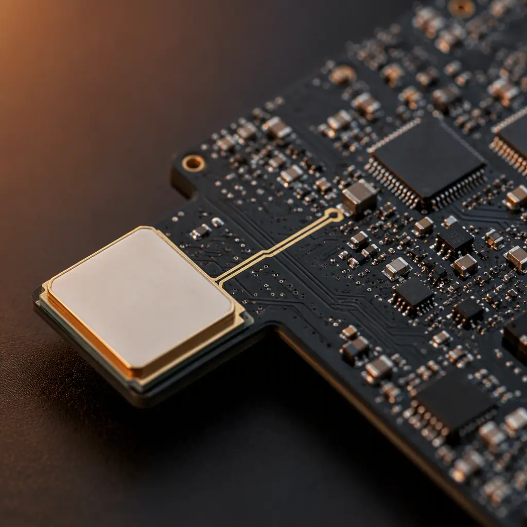 Macro photograph of a ceramic patch GPS antenna mounted at the edge of a PCB with a 50 ohm feed line trace leading to the receiver section