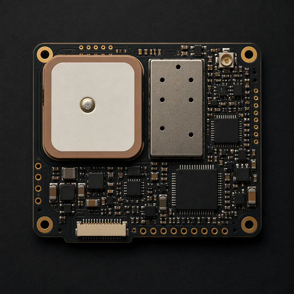 Macro photograph of a GNSS receiver PCB section with a ceramic patch antenna, RF shield can and LNA circuit on dark board surface
