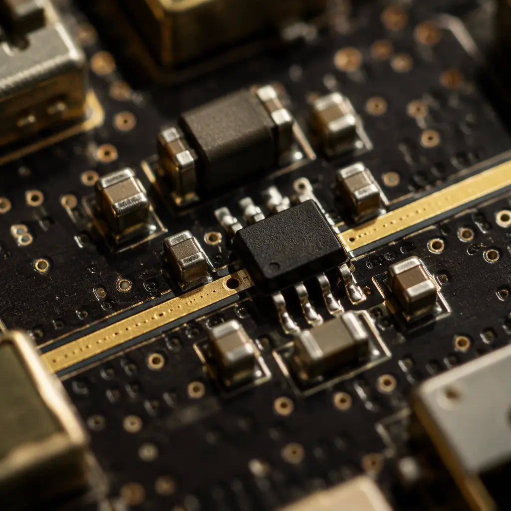 Close-up photograph of a low-noise amplifier section on a GNSS board with ferrite bead and decoupling capacitors around the RF input trace