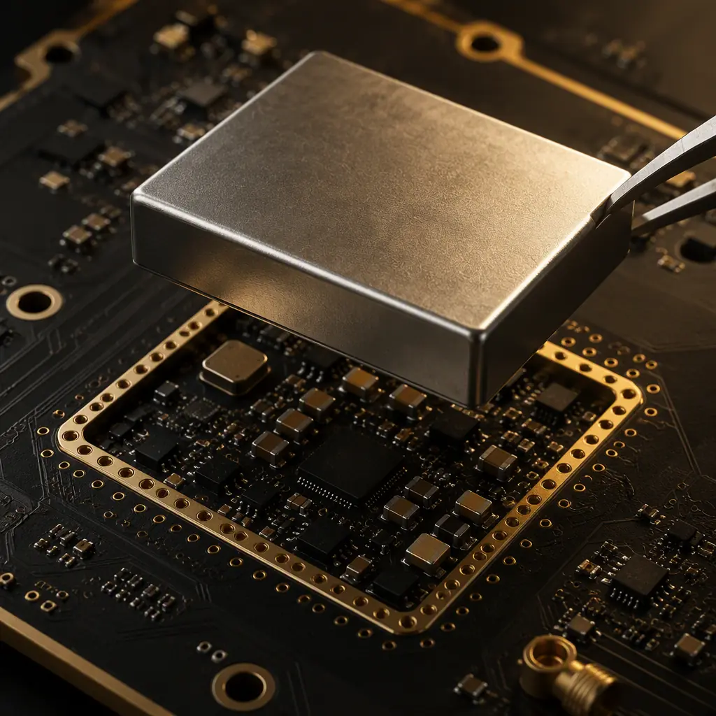 Photorealistic render of an RF shield can being placed over a GNSS receiver front end, showing the fence ground ring and via stitching on the PCB