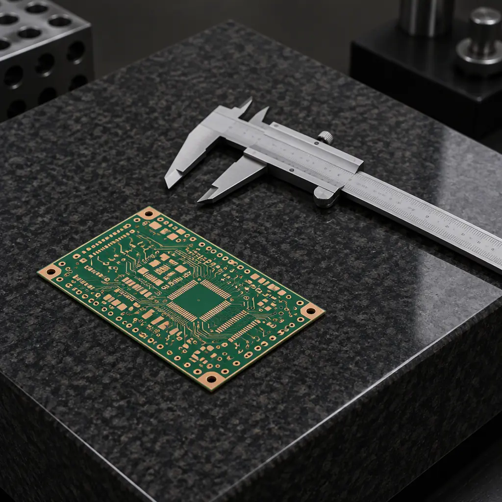 Close-up photograph of a paper inspection tag attached to a sealed antistatic bag containing a circuit board, with handwritten fields and an inspection stamp, on a workbench beside a caliper