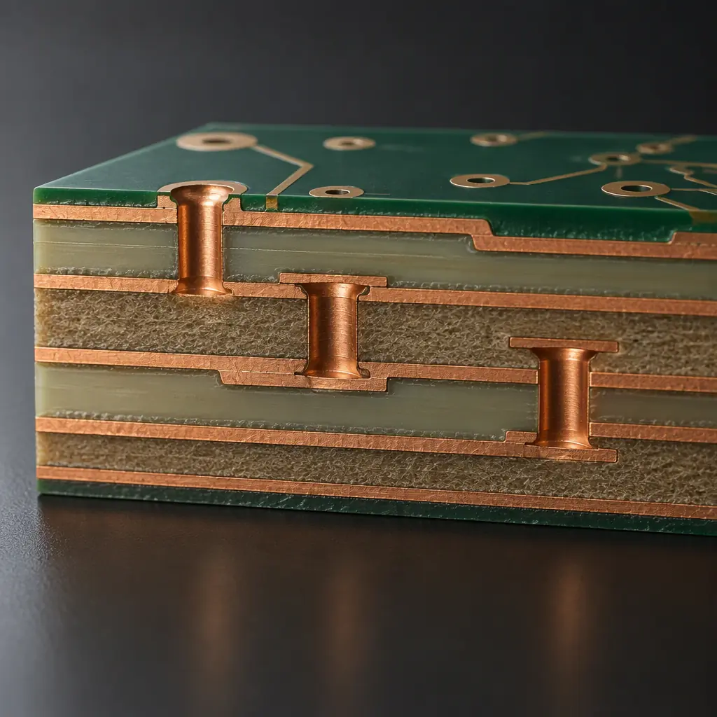 Photorealistic 3D cross-section render of a multilayer PCB showing blind vias from the outer layer and buried vias between inner layers, with distinct copper and dielectric layers