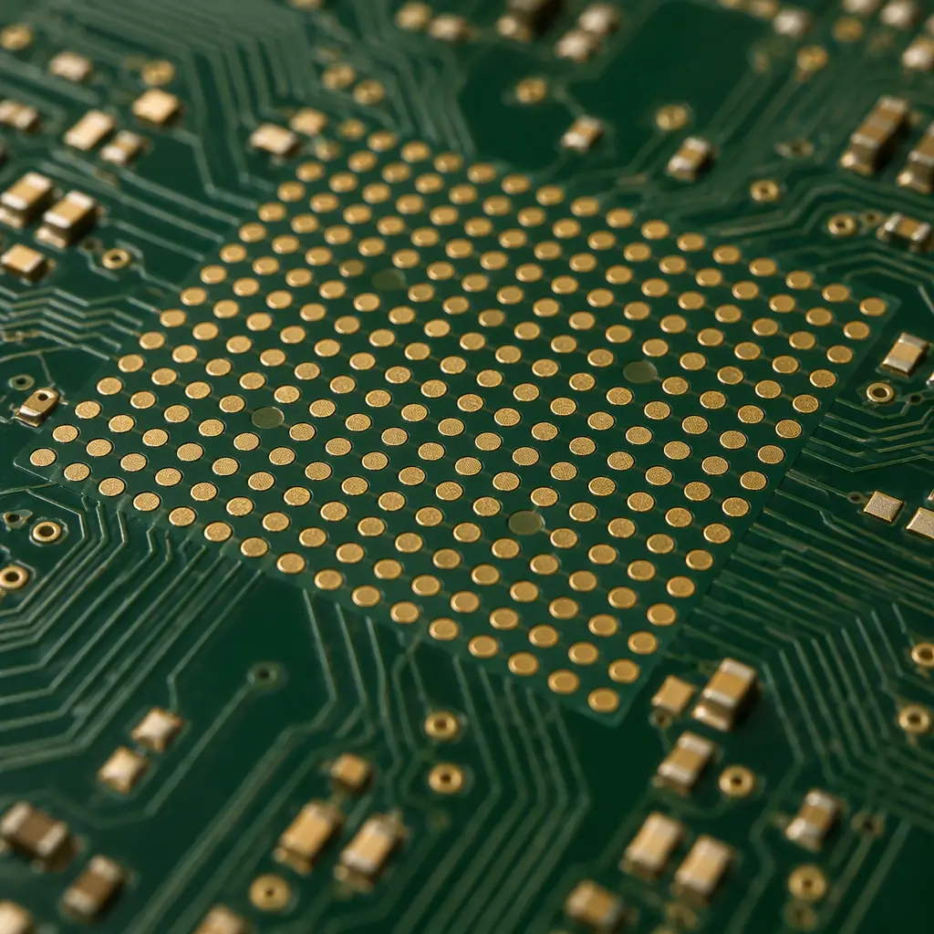 Photorealistic macro photograph of a fine-pitch BGA footprint on an HDI PCB showing laser-drilled microvias filled and capped flush with the pad surface