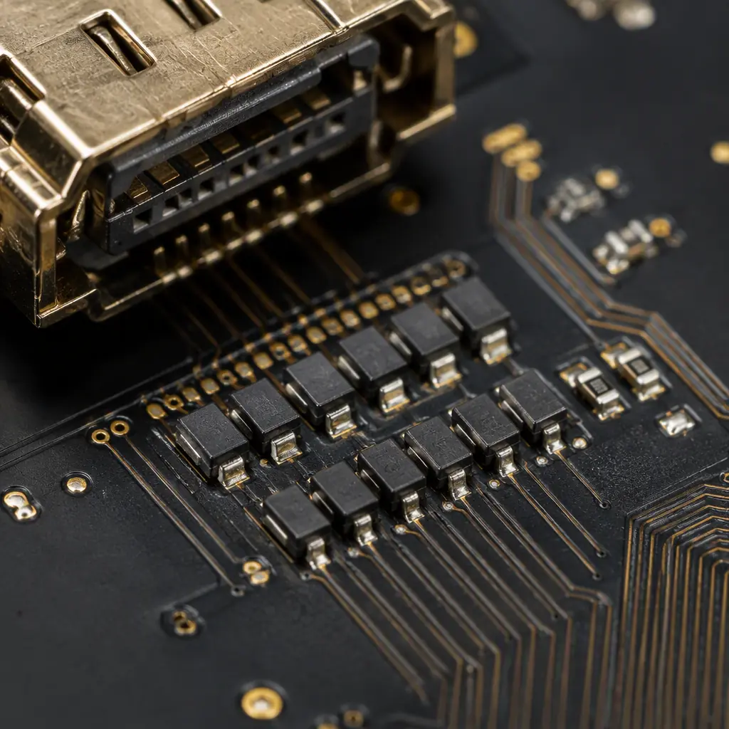 Low-capacitance ESD protection TVS diode array placed close to an HDMI connector on a PCB