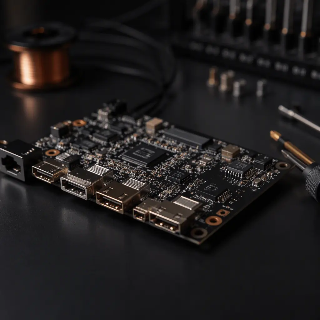 HDMI and DisplayPort connectors soldered on a dark high-speed video PCB with dense differential pair routing