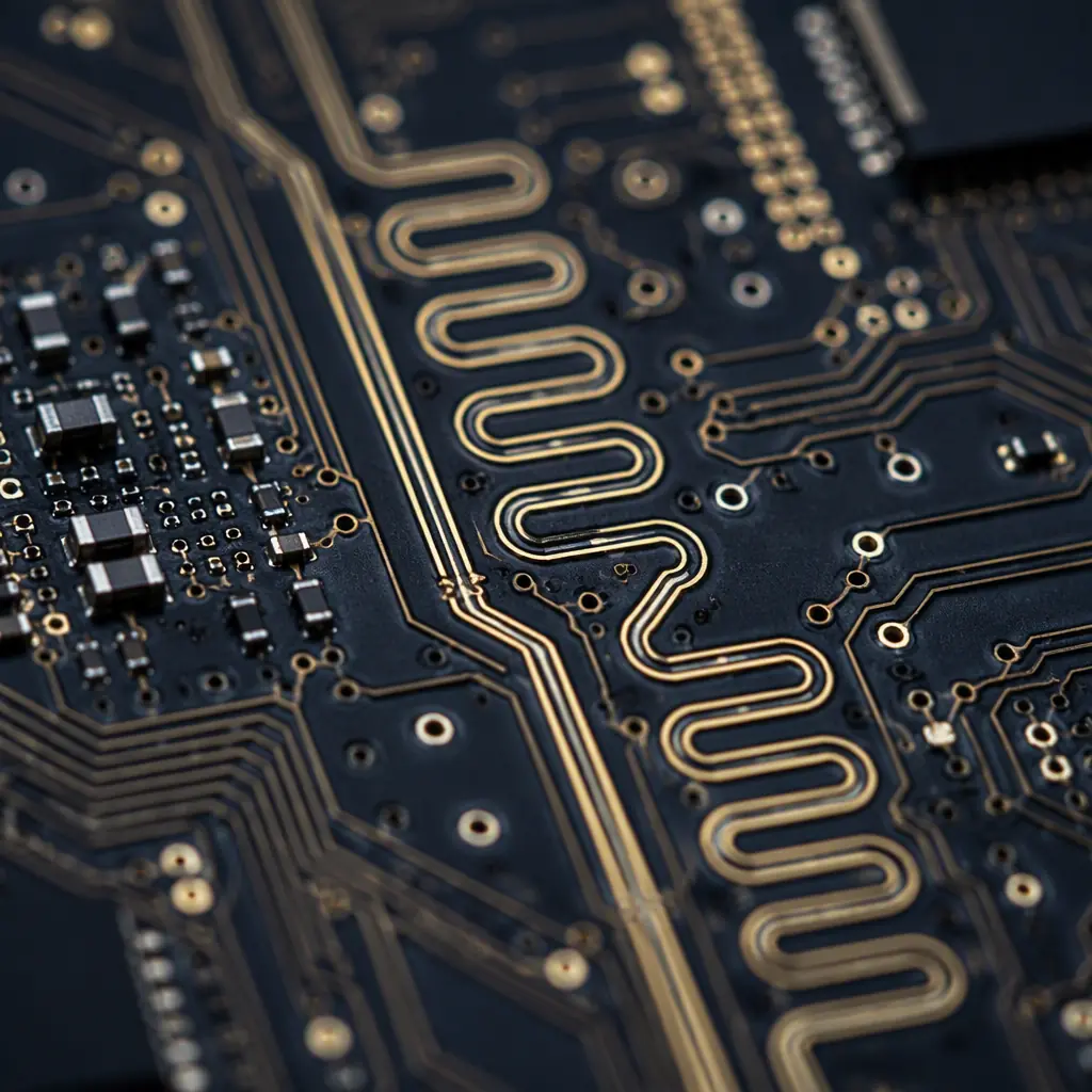 Macro photograph of matched-length differential pair routing with tuning sections on a dark PCB