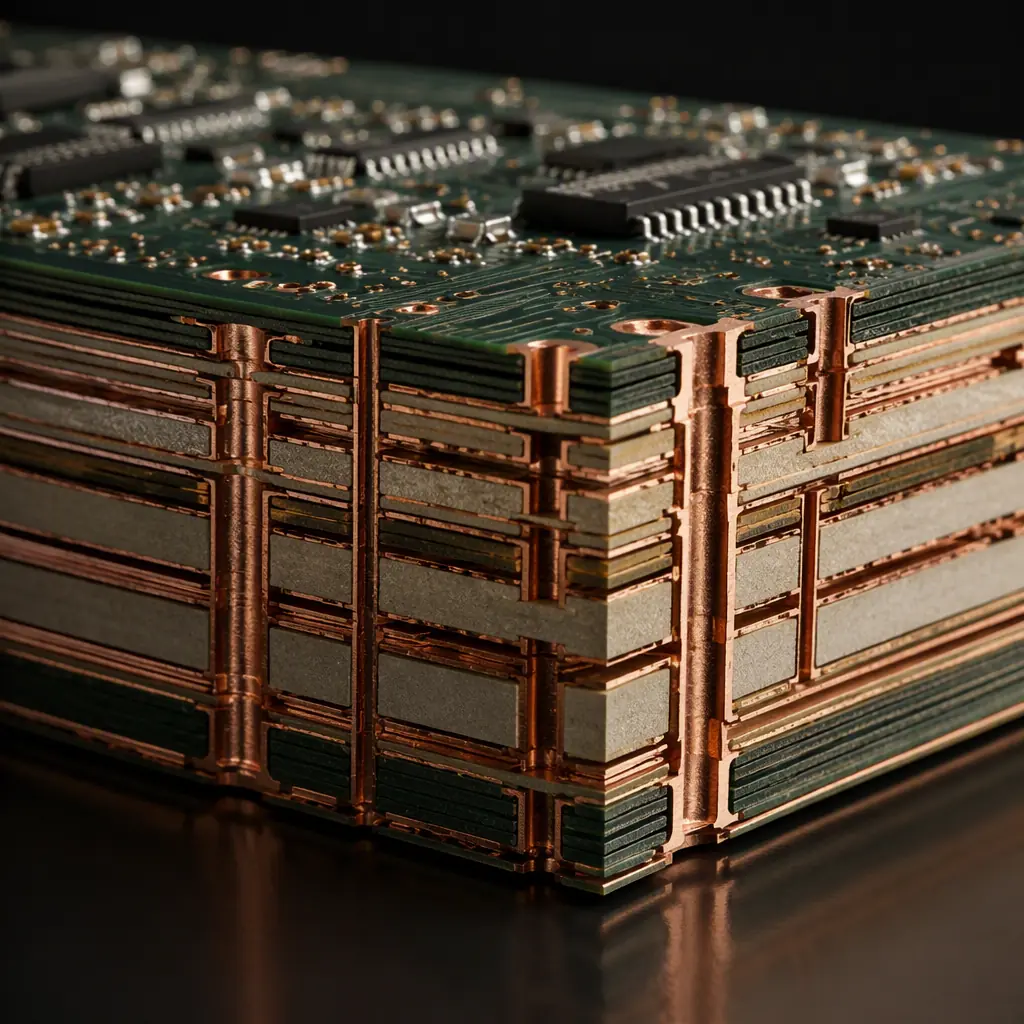 Photorealistic cross-section render of a multilayer PCB showing copper planes and tight differential pair geometry