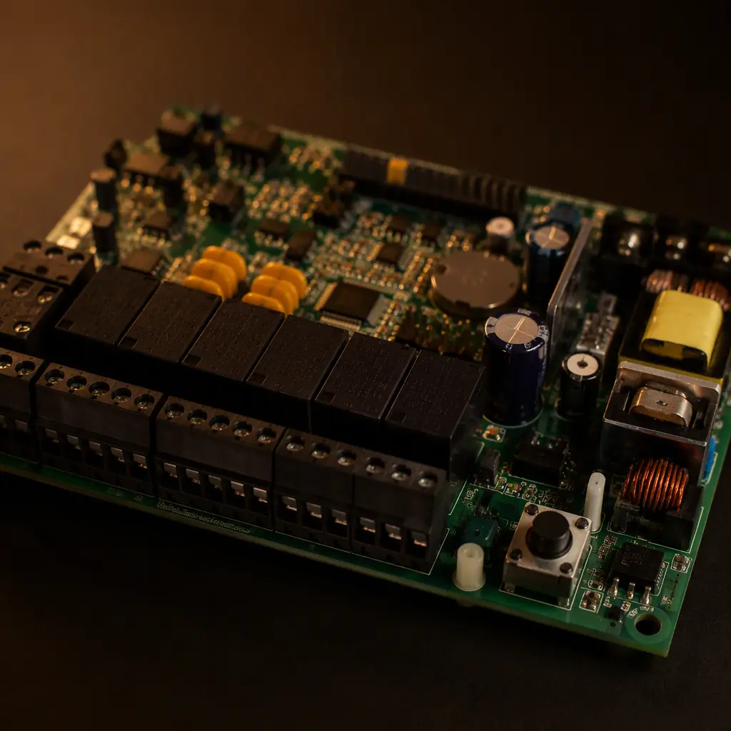 Access control controller PCB with relay banks, terminal blocks and power management section