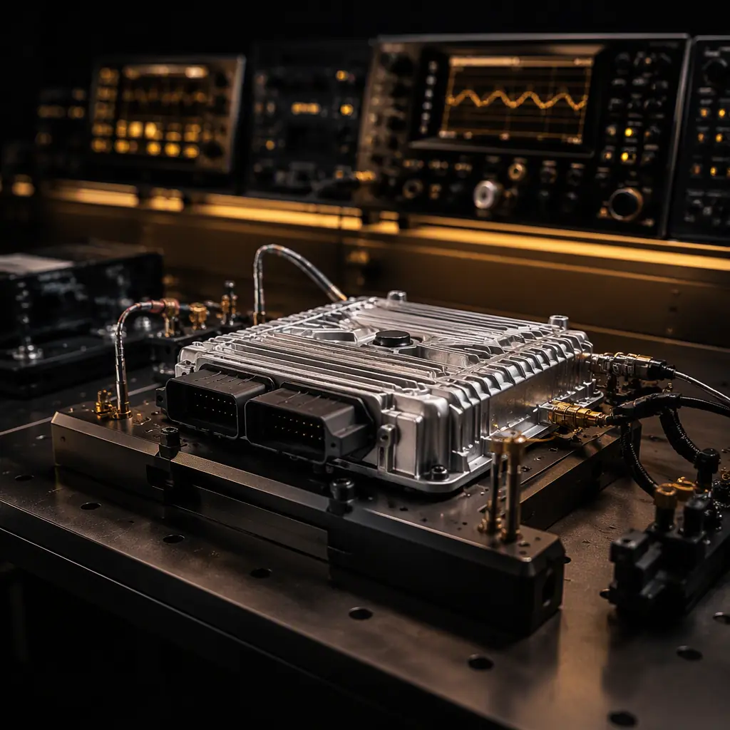 Automotive ECU PCB in anechoic EMC test chamber