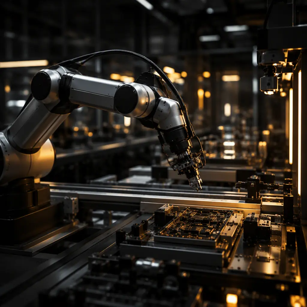 Collaborative robot arm in a modern factory workspace with a person working alongside