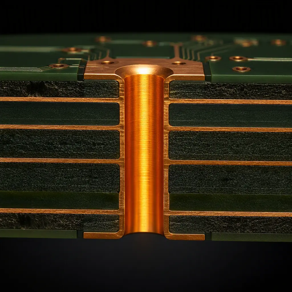 Cross-section render of a copper-filled via inside a multilayer PCB pad