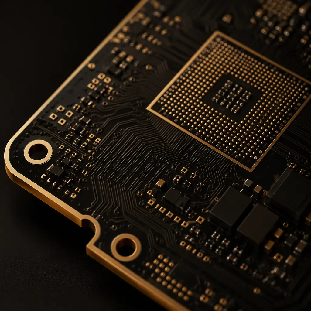 Macro view of a graphics card PCB corner showing BGA footprint, gold pads and dense high-speed routing