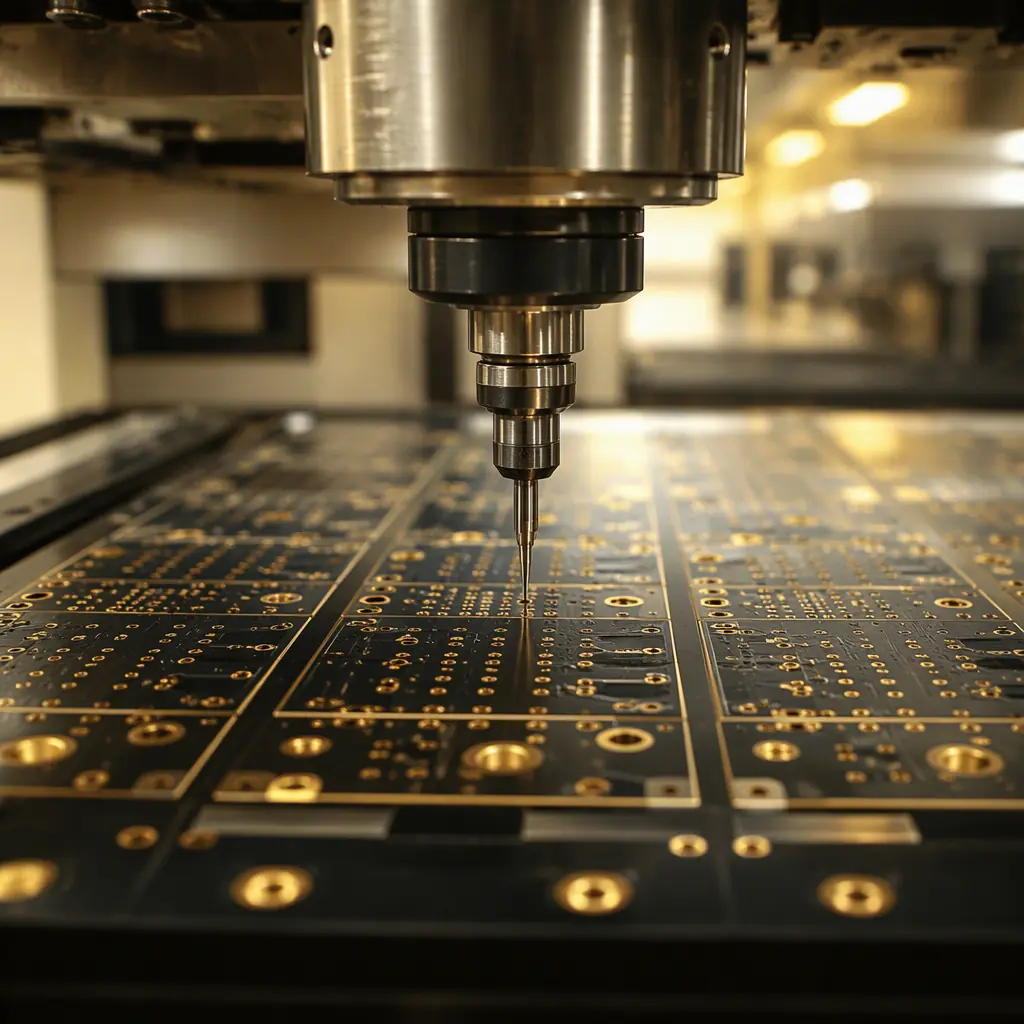 CNC drill spindle positioning on a multilayer PCB panel in a cleanroom