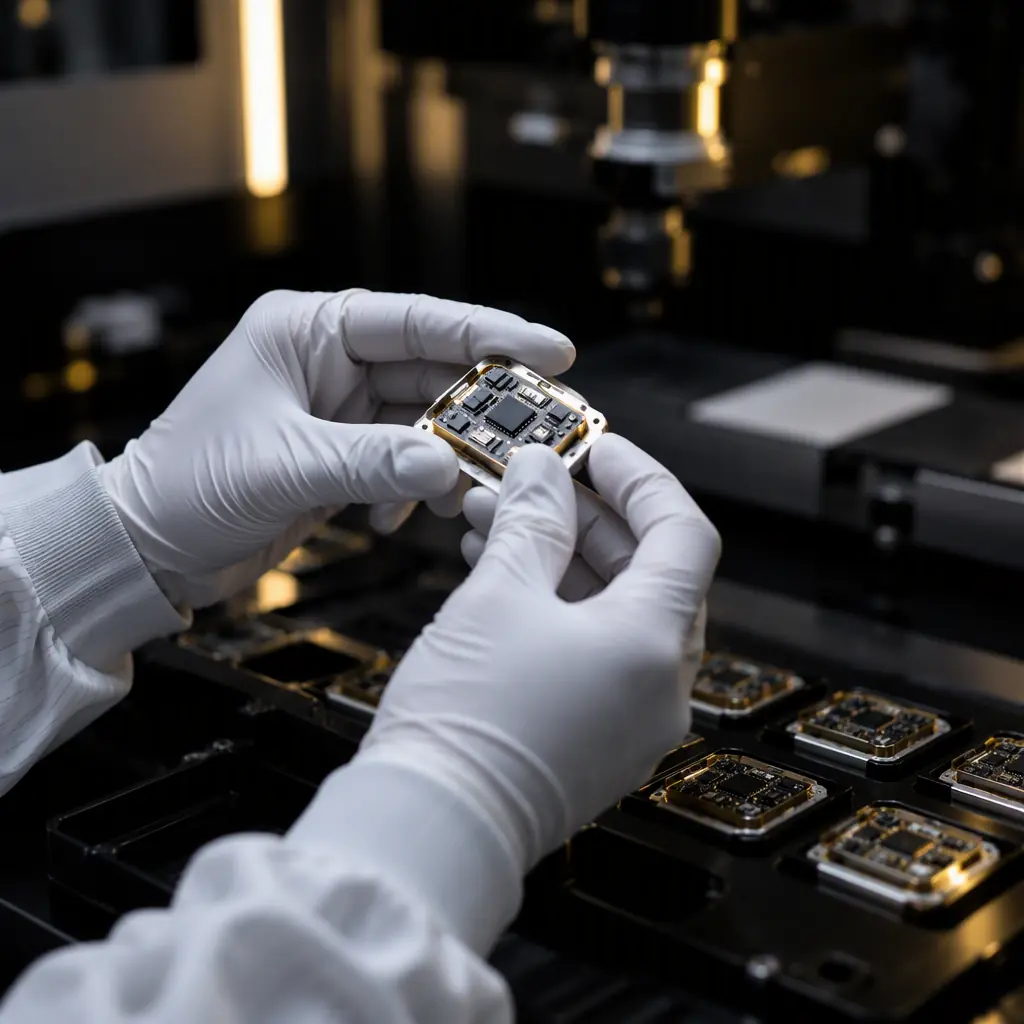 Cleanroom assembly of a miniature medical implant circuit board on a sterile tray