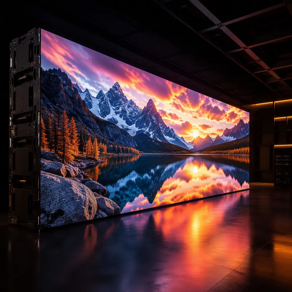 Modular LED video wall panel with surface-mount LEDs on a black PCB module