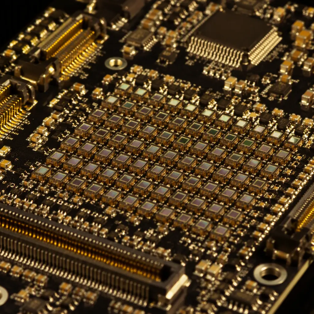 Dense LiDAR sensor PCB with photodetector array, BGA processors and high-density connectors