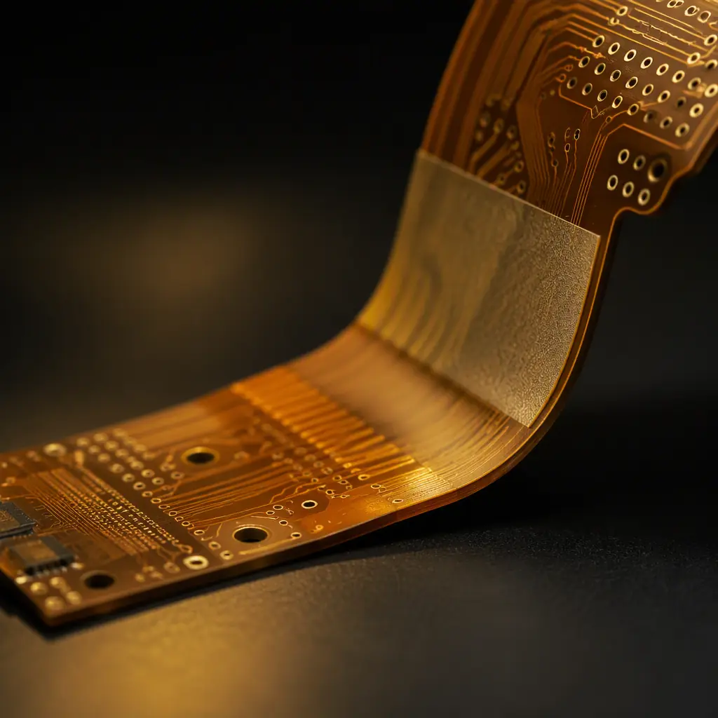Flex PCB partially folded showing the transition zone where a stiffener is laminated