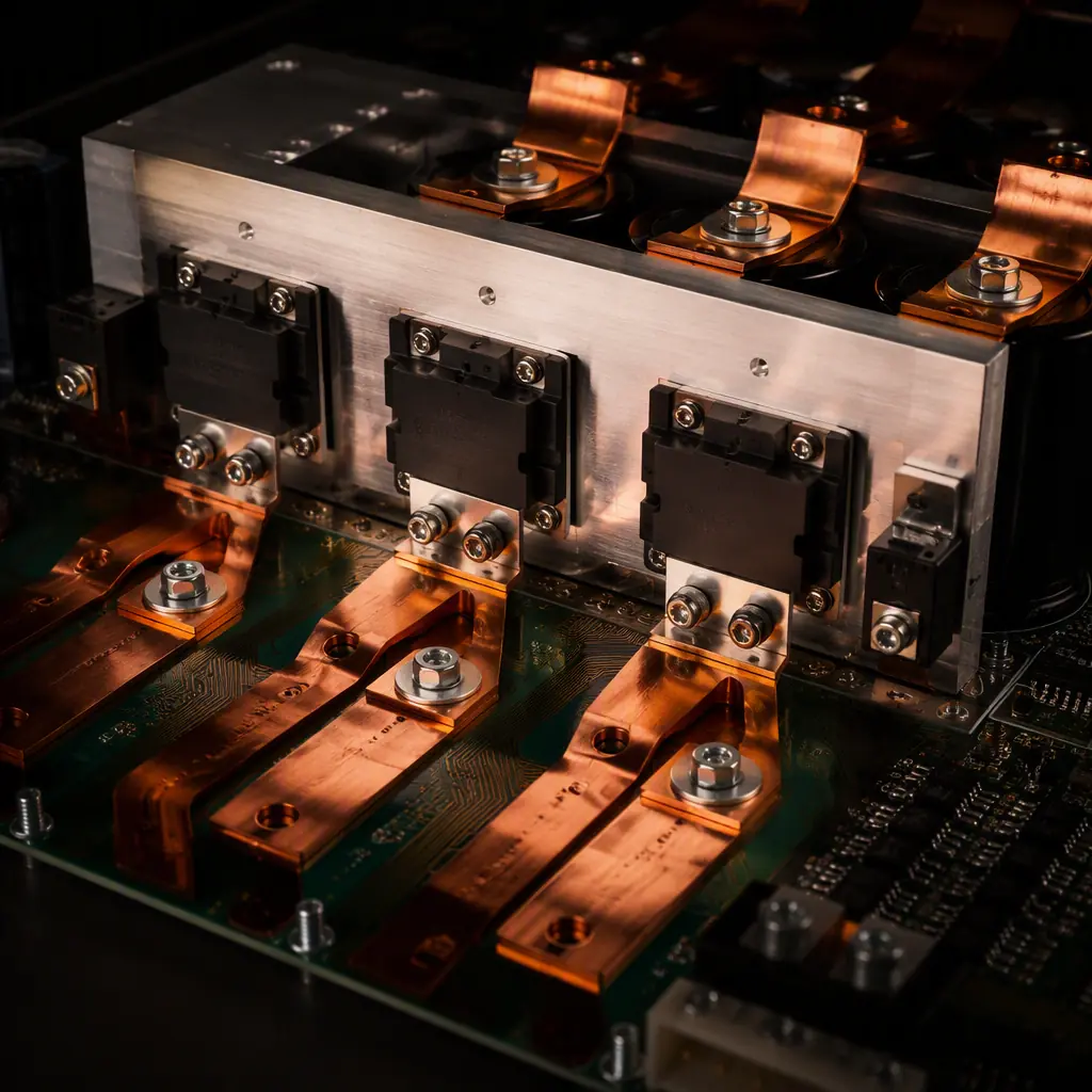 Power electronics PCB with IGBT modules, heavy copper busbars and heatsinks inside a UPS unit