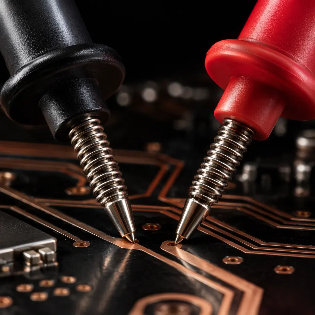 Two heavy insulated high-voltage test probes with spring-loaded tips resting against copper traces on a black PCB under dramatic rim lighting