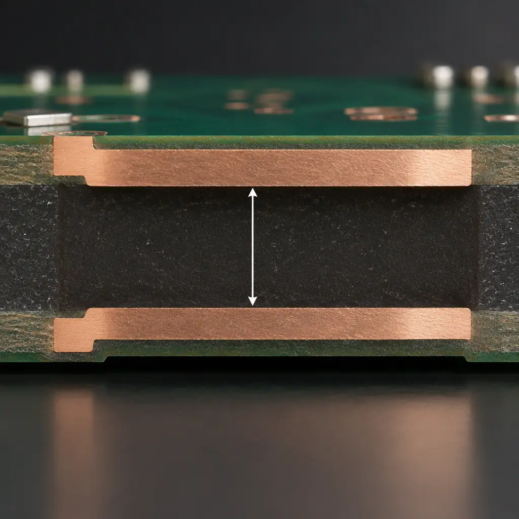 Photorealistic 3D cross-section render of a PCB showing wide spacing between isolated copper planes filled with dark insulating resin, emphasising the gap distance