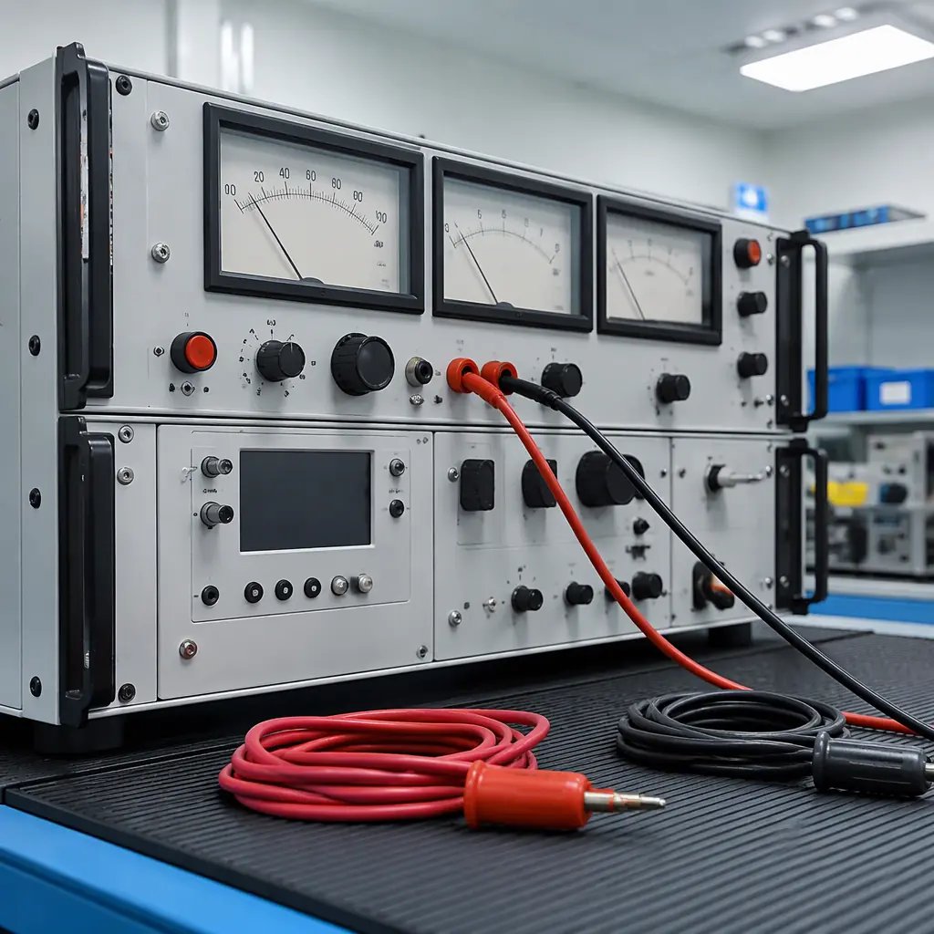 Rack-mounted electrical safety test station with analog dial instruments and coiled red and black leads in a clean electronics lab under cool overhead lighting