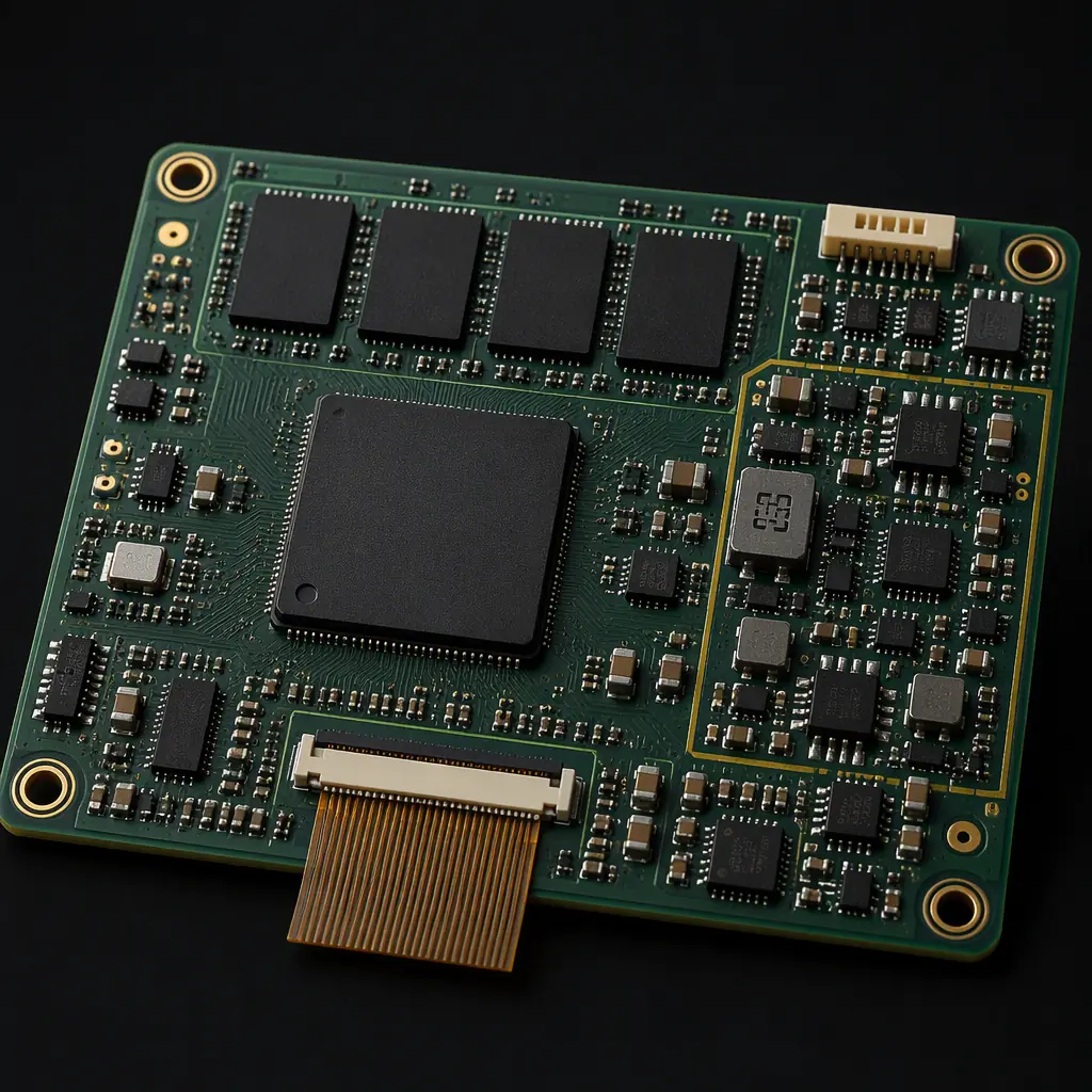 Photorealistic macro render of an industrial HMI mainboard with display connector, processor and isolated power section
