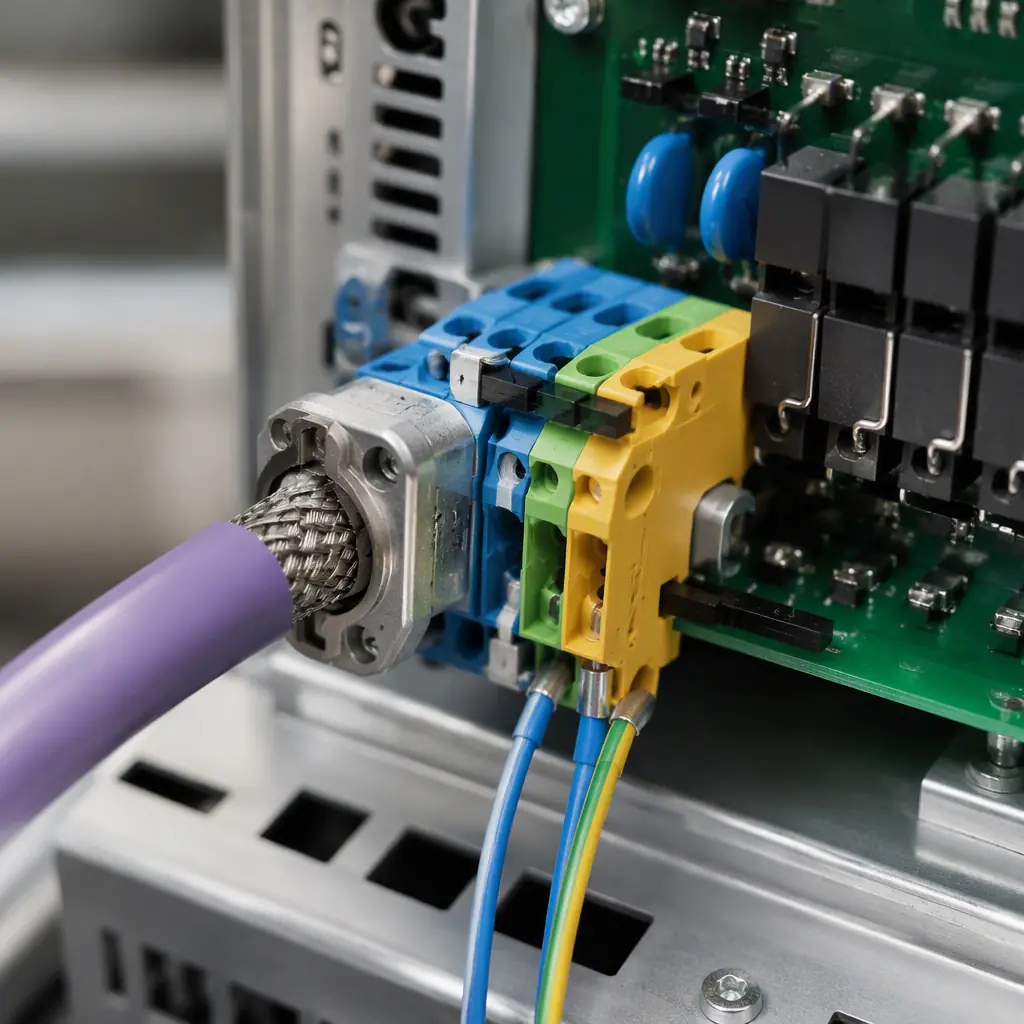 Photorealistic close-up of industrial field wiring connectors with surge protection TVS diodes on an HMI communication board