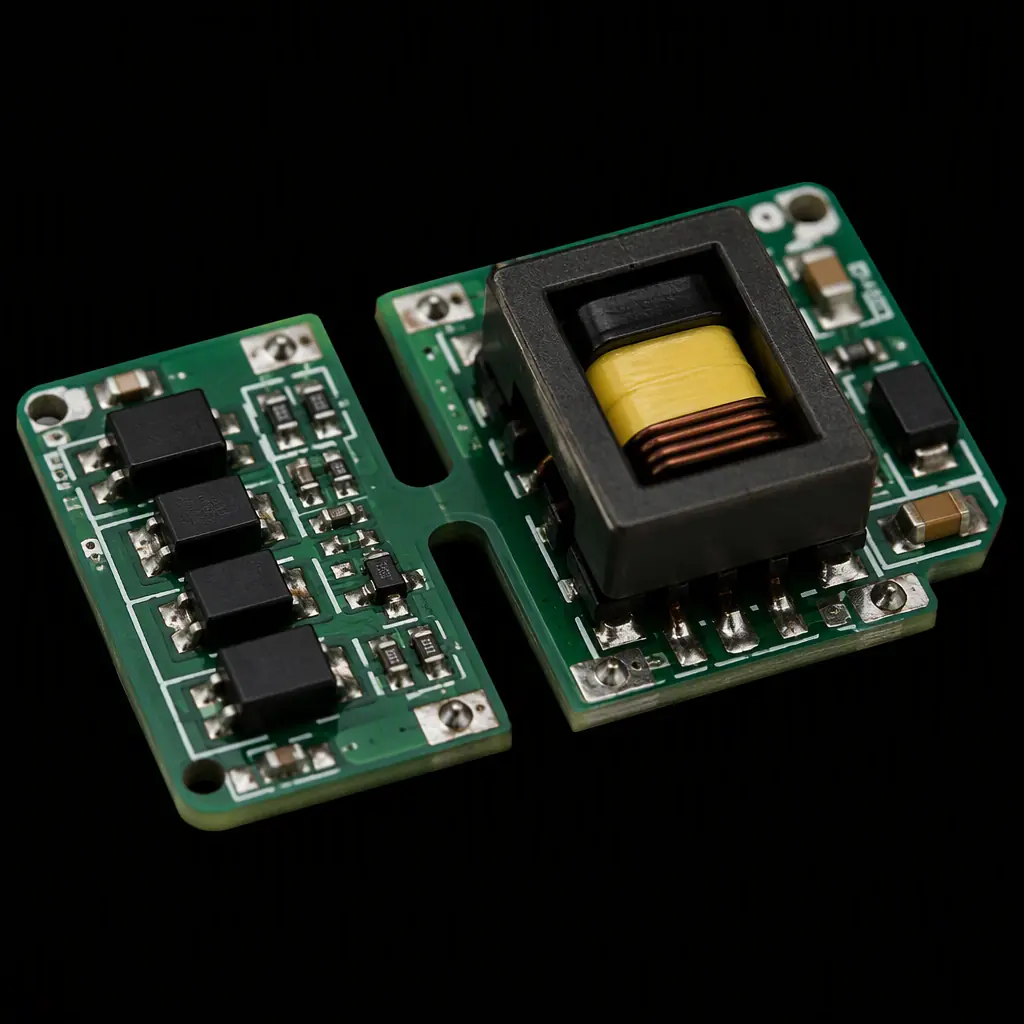 Photorealistic render of an isolated DC-DC converter section on an HMI board with transformer, slot isolation barrier and input TVS