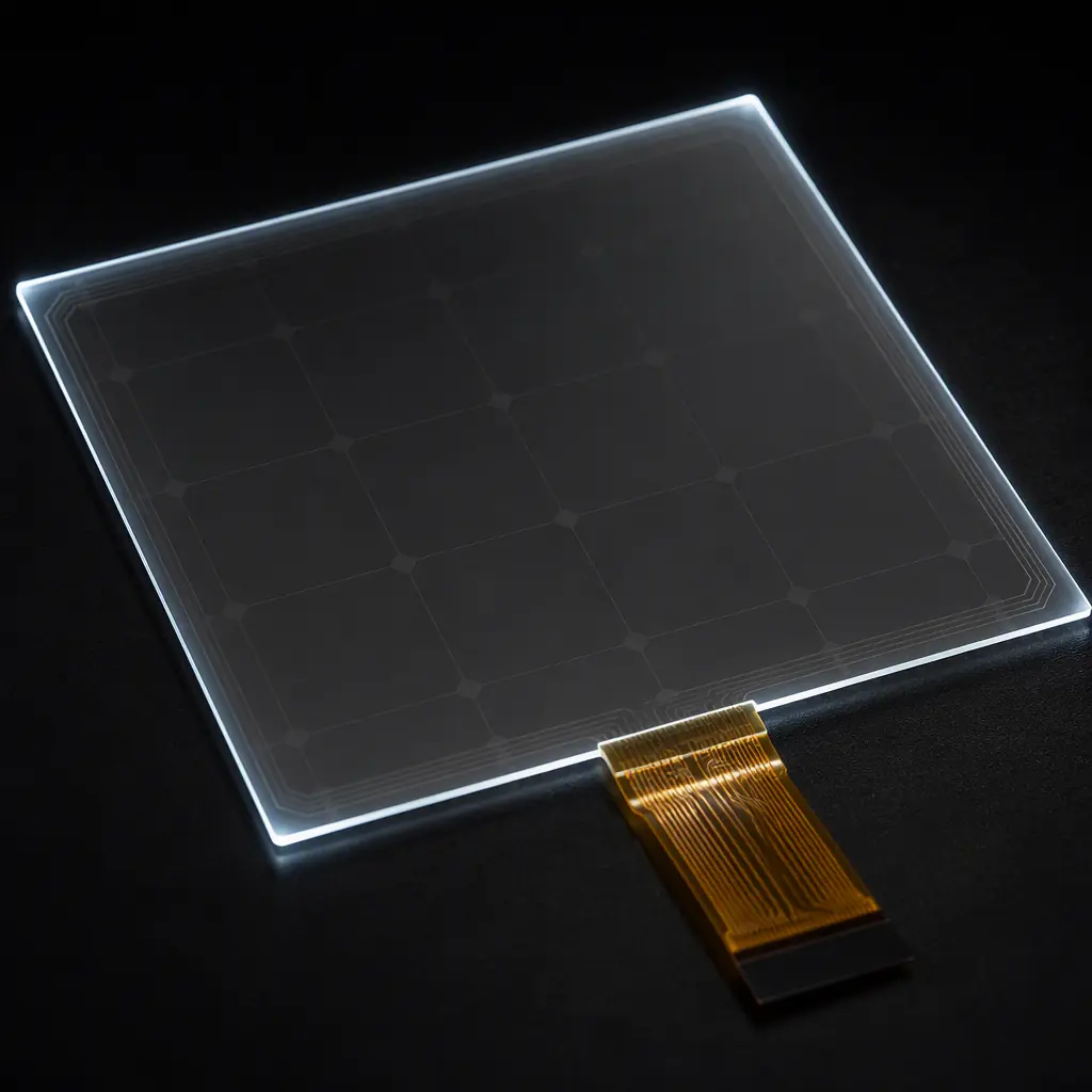 Photorealistic close-up of a projected capacitive touch sensor with ITO grid and controller FPC on an industrial display