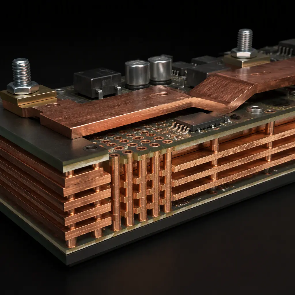 Photorealistic 3D cross-section render of a power PCB showing thick copper layers and thermal vias