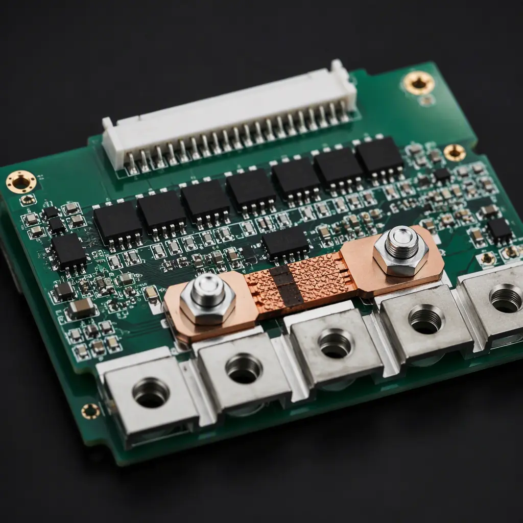Close-up of a battery management system board with series cell connectors and current shunt