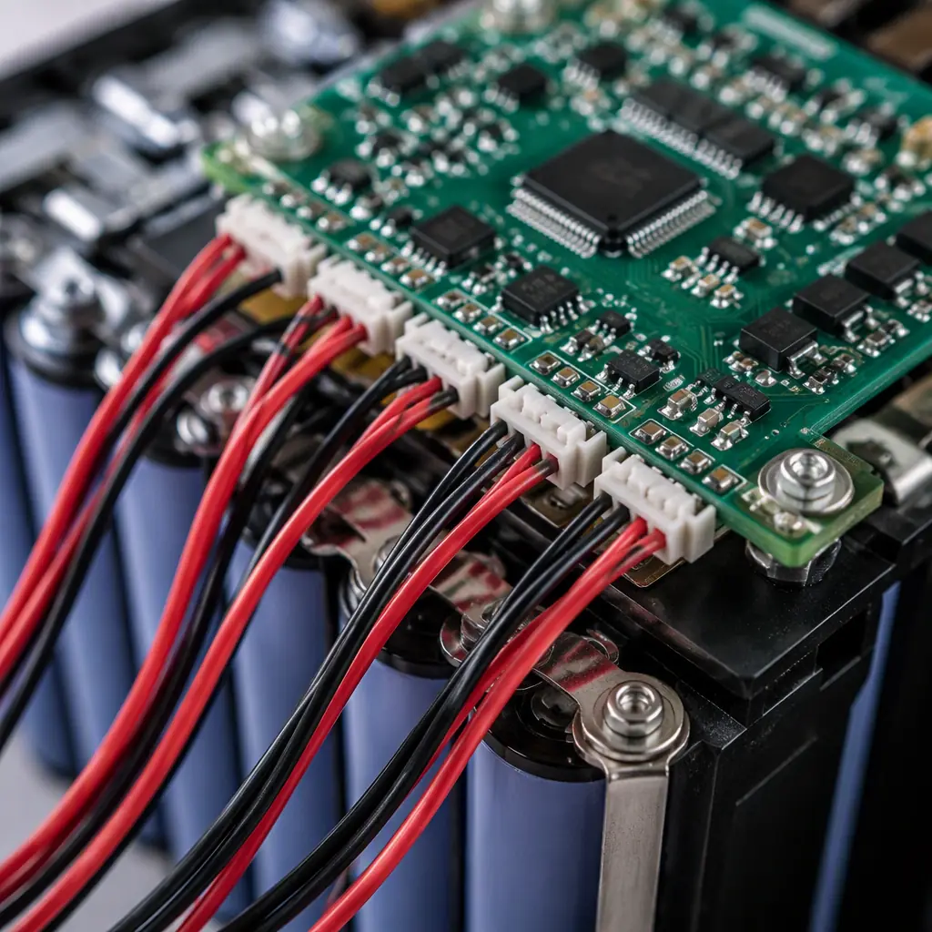 Macro photograph of a lithium battery management system board with cell voltage sense lines