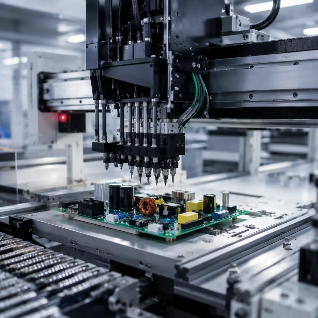Real factory scene of SMT assembly machines placing components on a power converter PCB