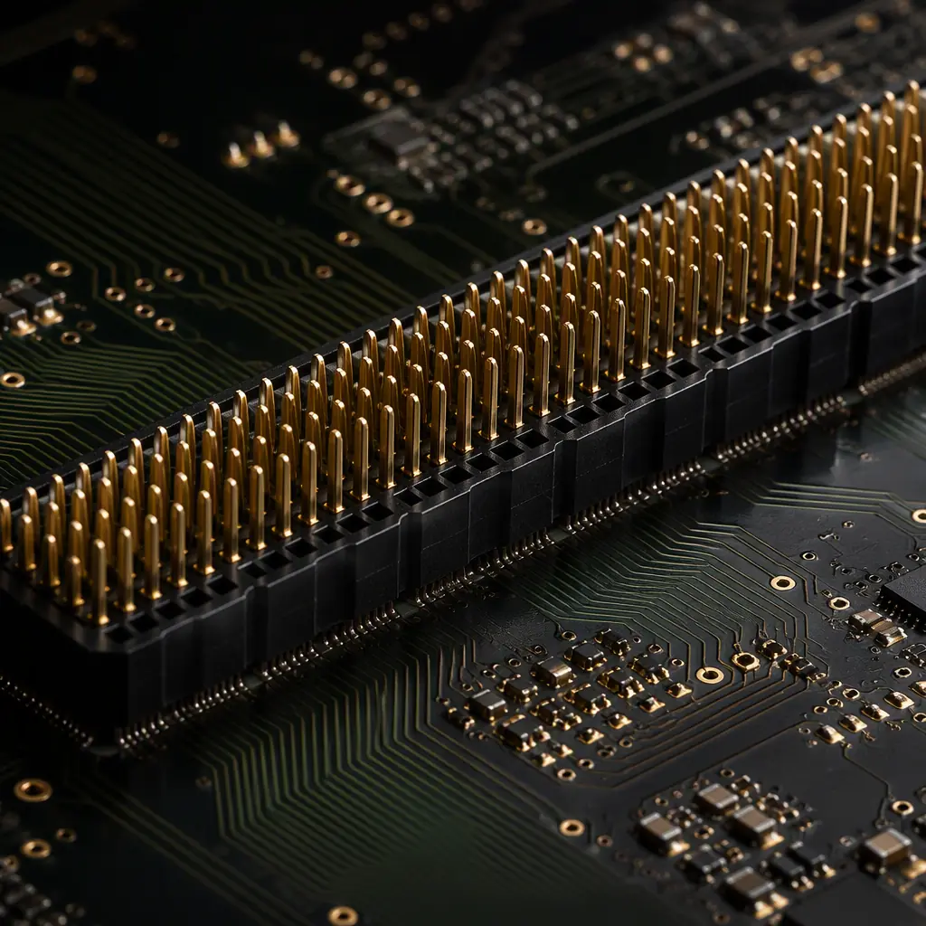 Photorealistic shot of a backplane connector pin field with differential pairs fanning out