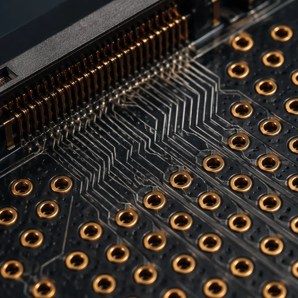 Photorealistic macro of a connector breakout zone with differential pairs and backdrilled vias