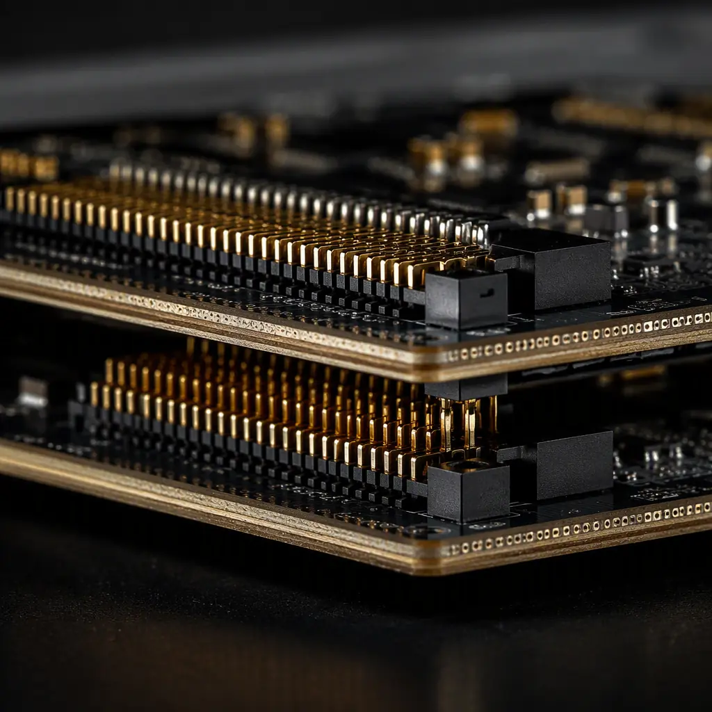 Macro photo of a mezzanine connector pair between two stacked PCBs