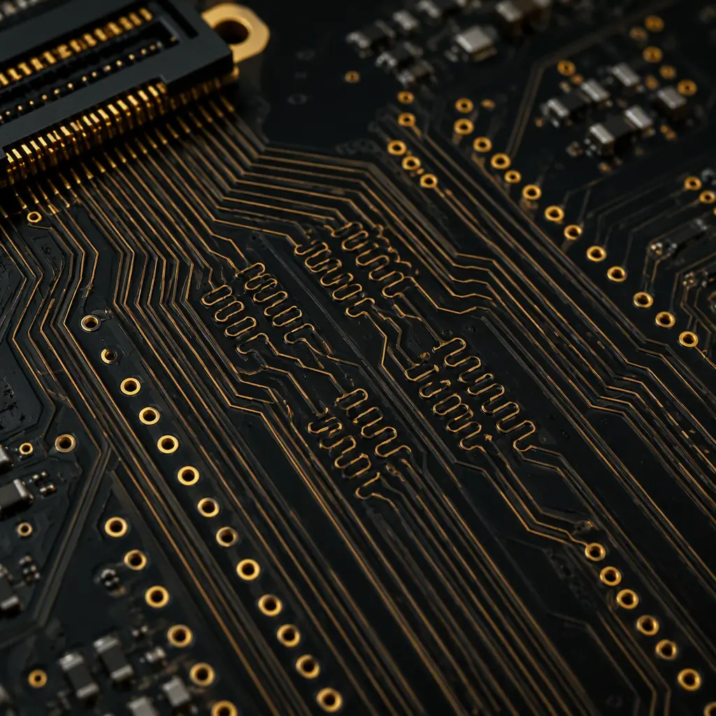 Macro photo of differential pair routing fanning out from a high-speed connector with ground vias