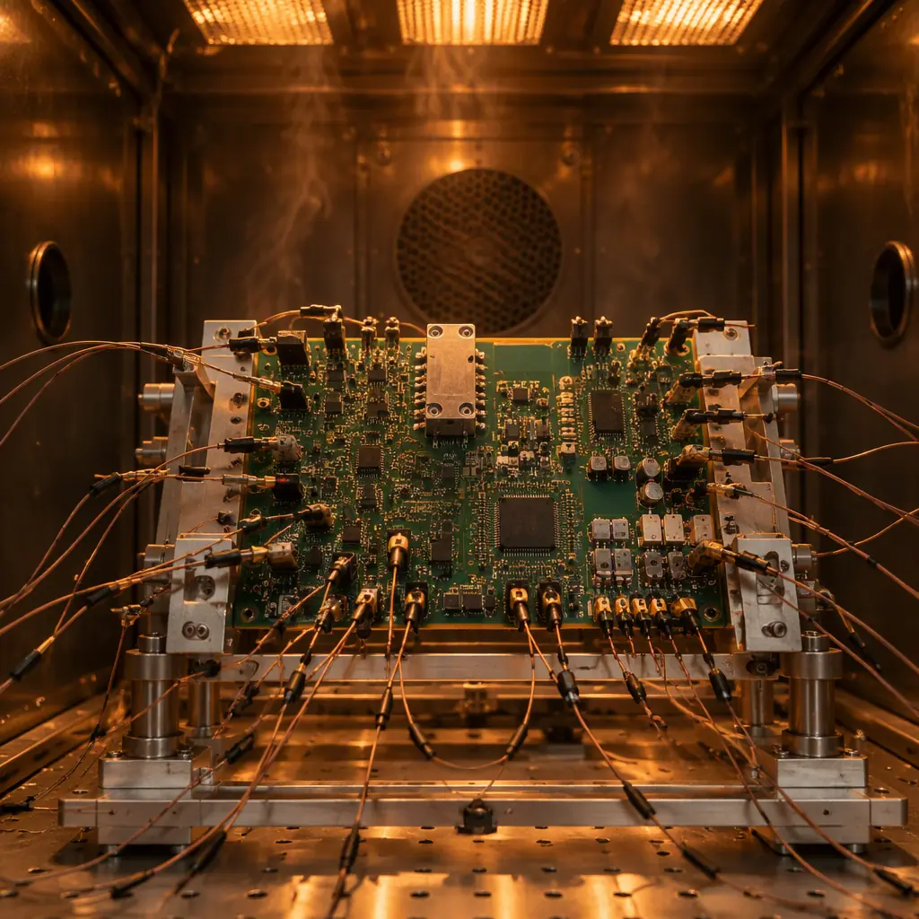 Photorealistic view inside a thermal test chamber with a PCB assembly mounted on a fixture, connected to fine instrumentation wiring, lit by a warm amber glow against dark chamber walls