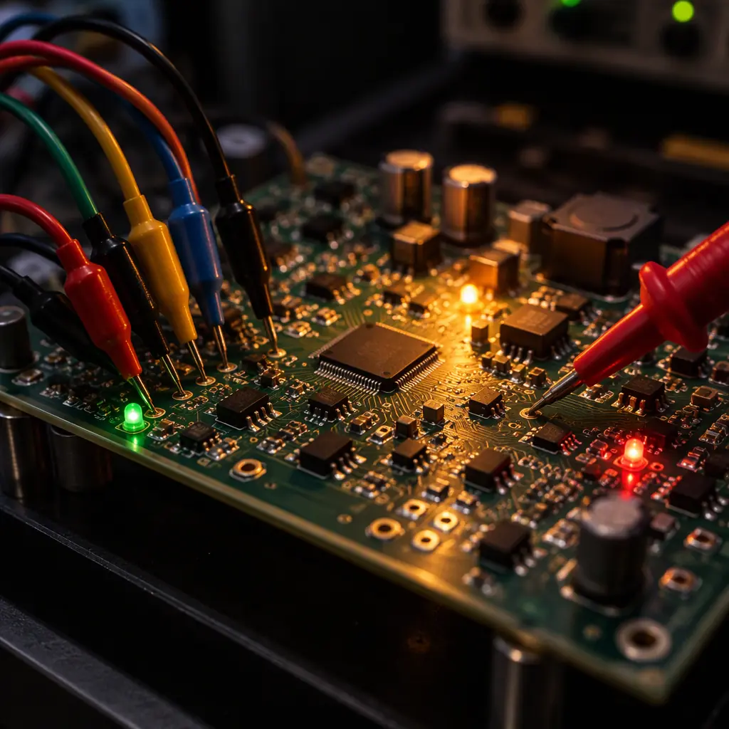 Macro photograph of a powered PCB assembly under test with a multichannel instrumentation harness clipped to test points, indicator LEDs lit, warm amber highlight on the board surface against a dark background